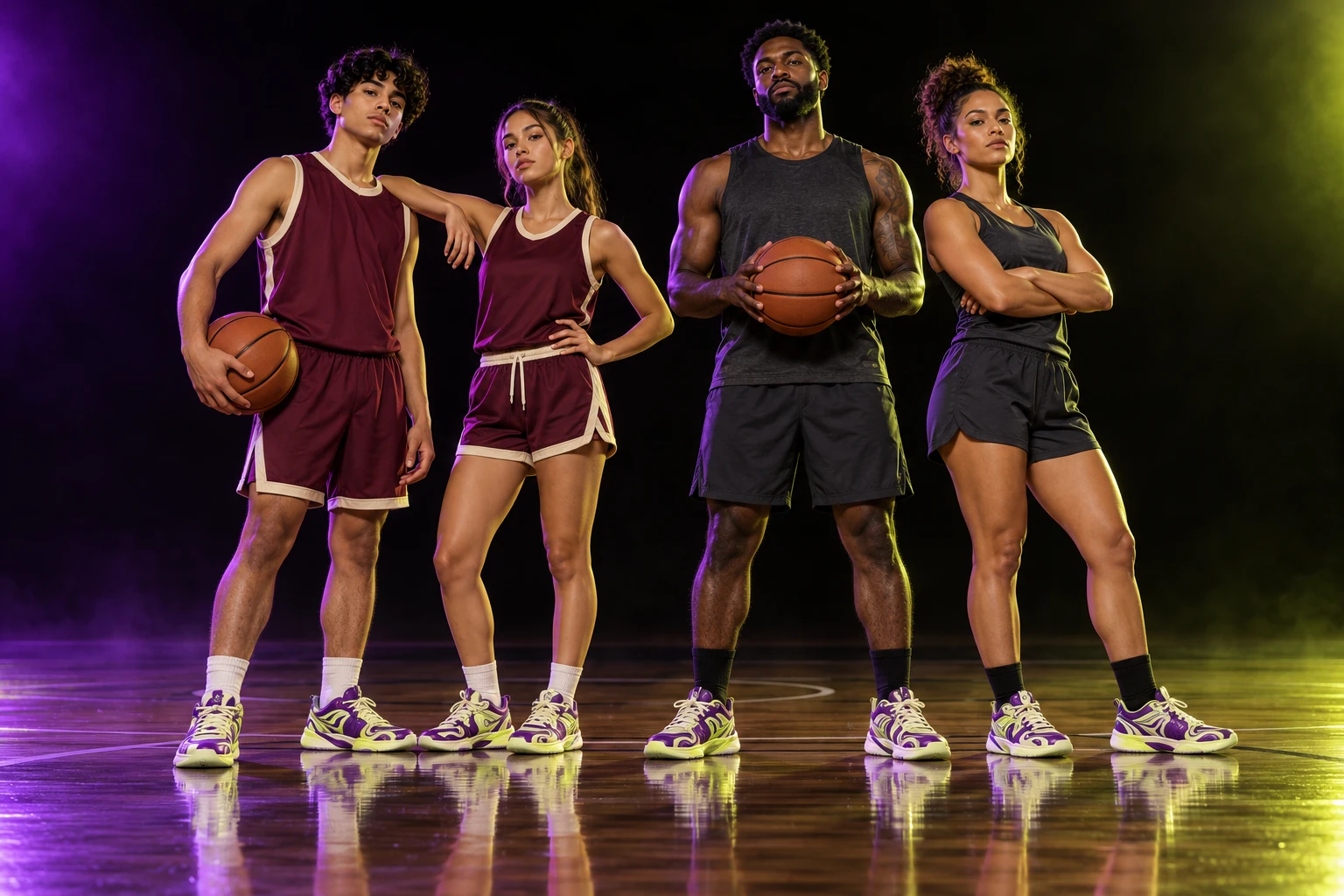 Original campaign concept showing two fictional high school basketball athletes alongside two adult players in purple and lime custom sneakers