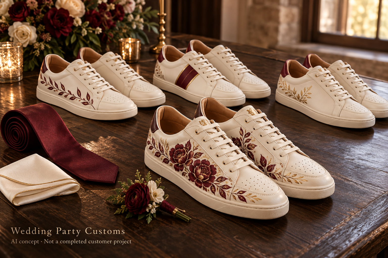 Wedding design concept showing one floral groom’s sneaker pair and three coordinating groomsmen pairs in ivory, burgundy and gold beside matching wedding accessories