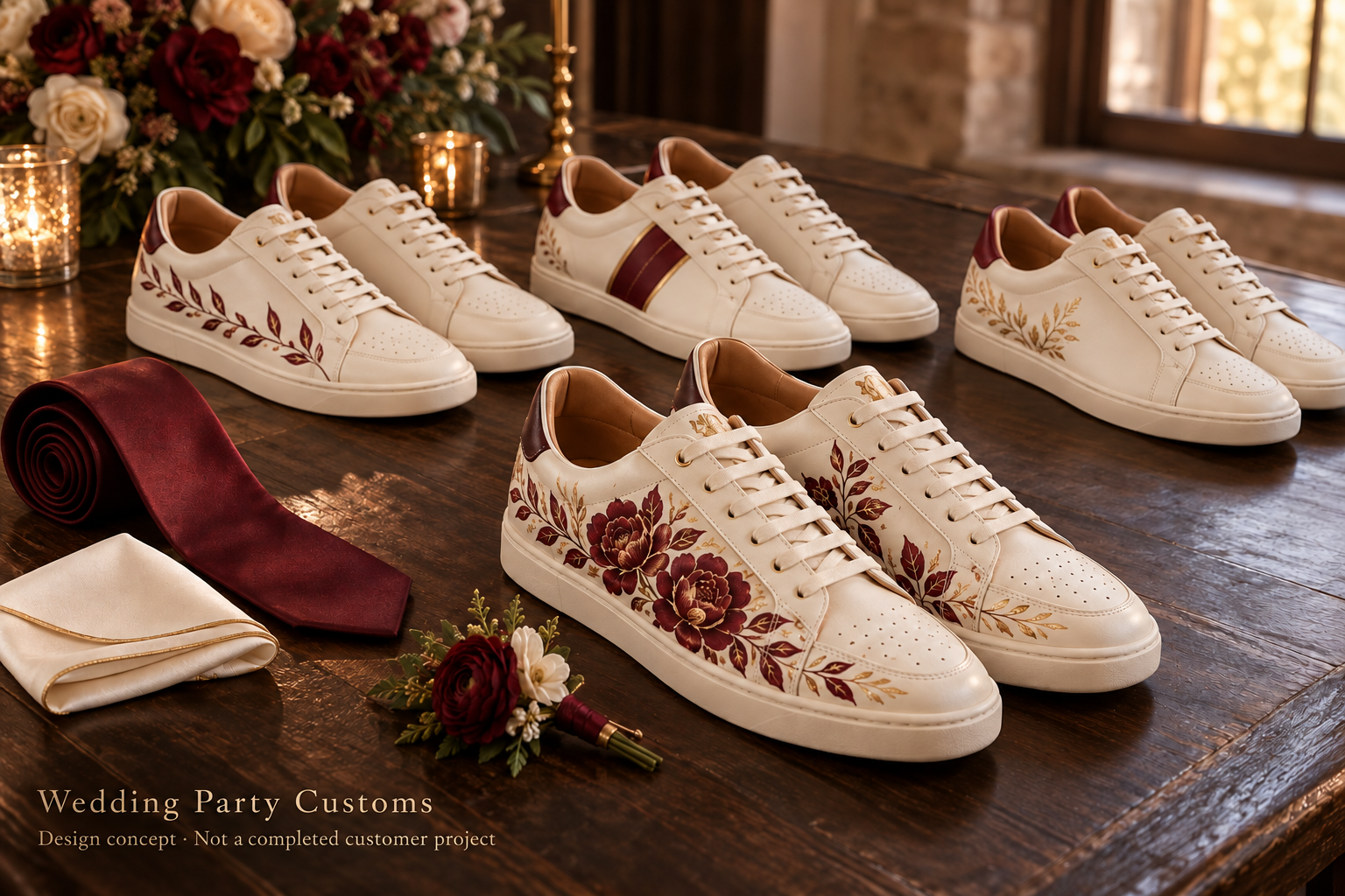 Wedding design concept showing one floral groom’s sneaker pair and three coordinating groomsmen pairs in ivory, burgundy and gold beside matching wedding accessories
