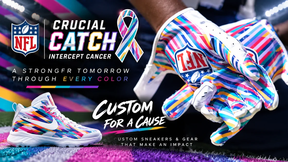 Crucial Catch-inspired concept showing multicolor custom football gloves and a sneaker with the message Custom for a Cause.